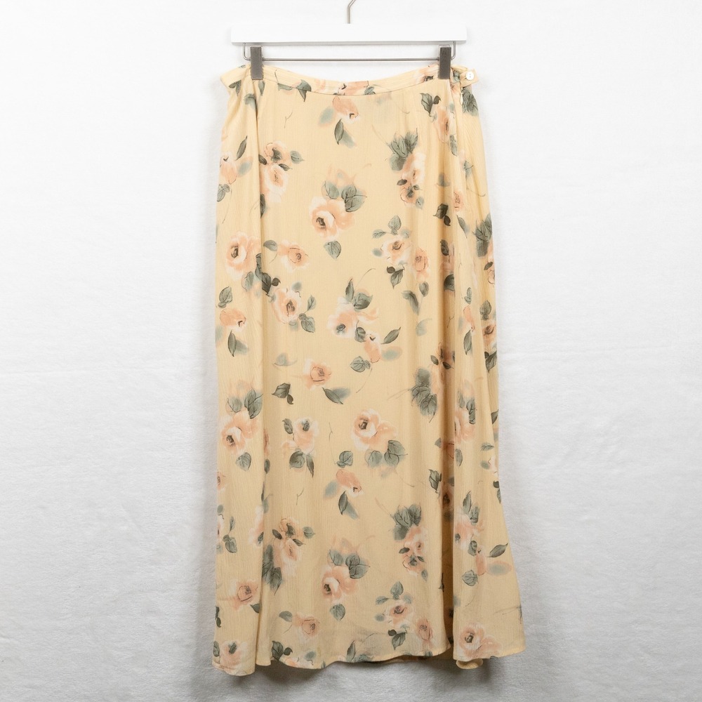 LIZ CLAIBORNE Vtg 90s Floral Silk Crinkle Maxi Skirt Romantic Cottagecore Sz 14